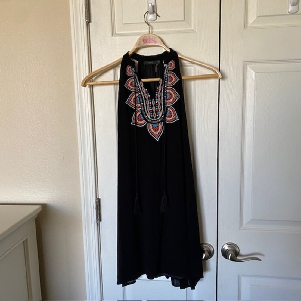 THML Black Halter Dress‎ Embroidered Tassels Lined Boho Hippie Women's XS
